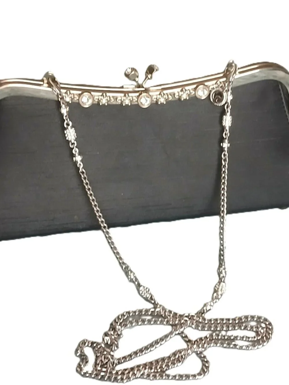 Black Silk Dupioni Crystal Frame Evening Clutch Bag Silver and Crystal strap